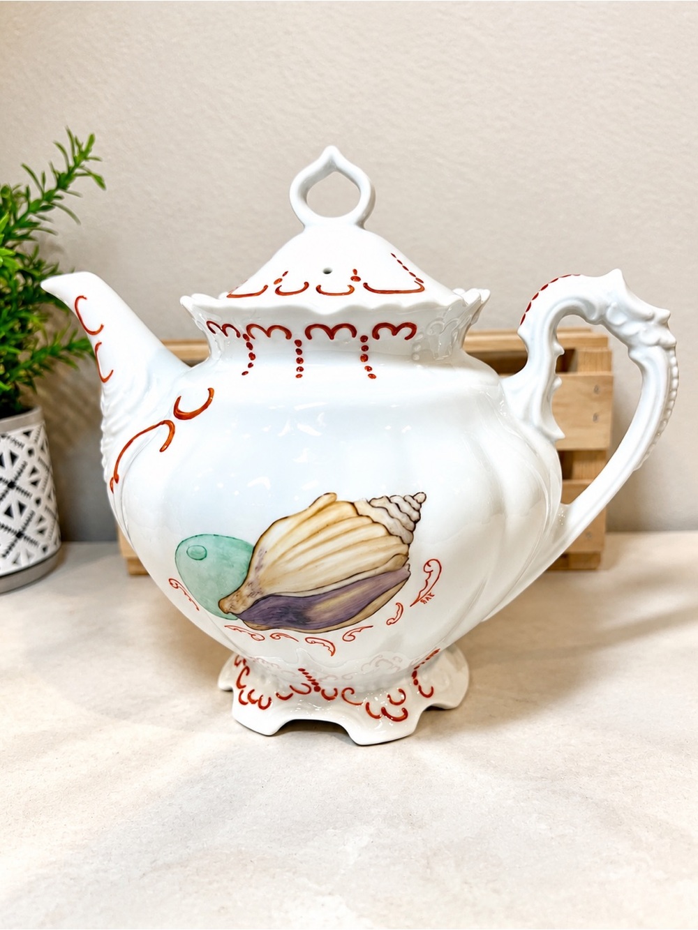 White Porcelain Teapot w Seashell Design | Japanese Kakiemon Style Scrollwork